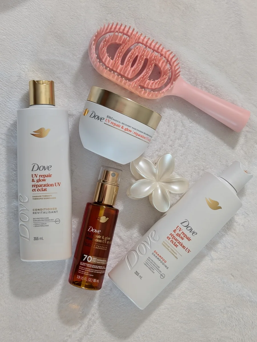 Dove body care products arranged in a flat lay